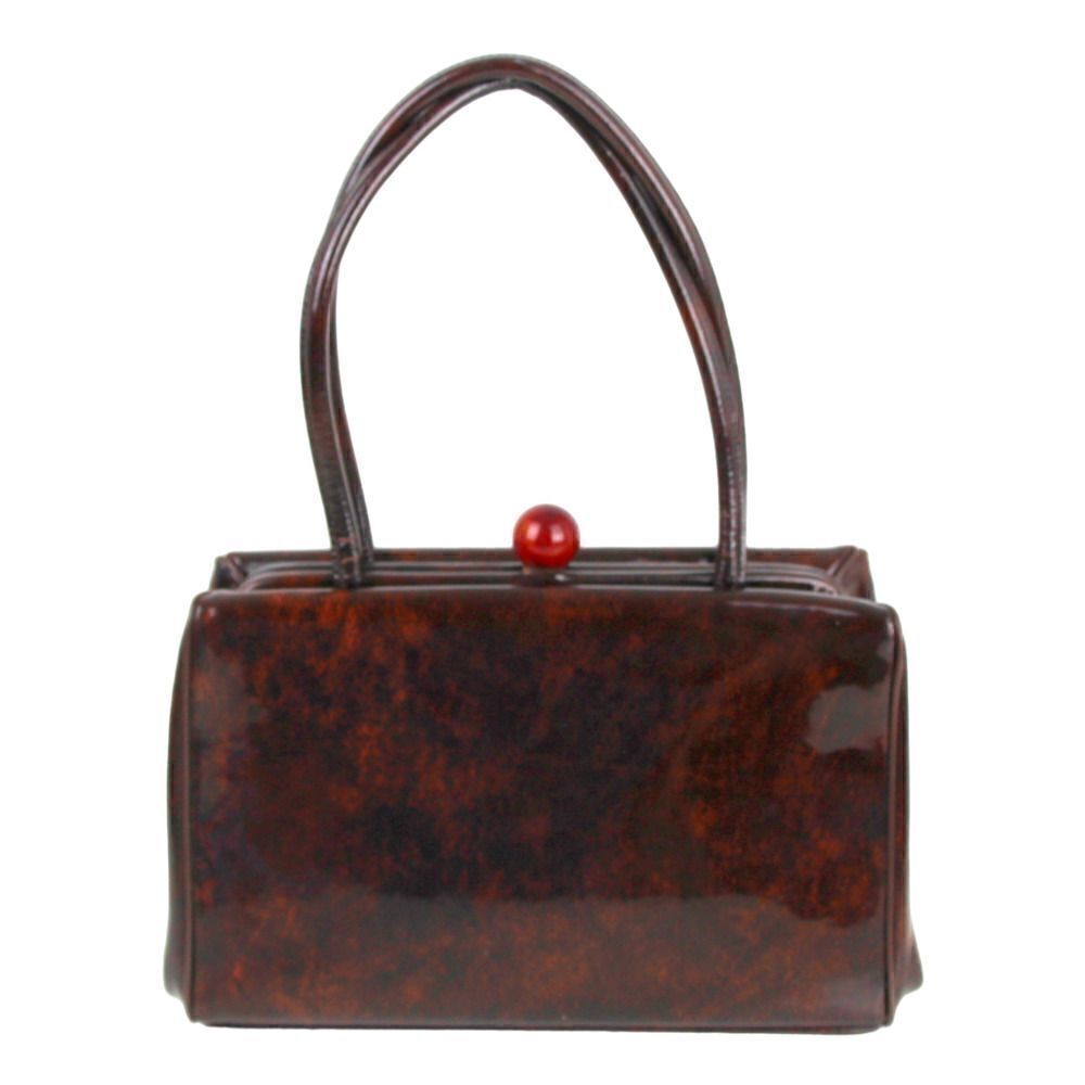 VINTAGE Palizzio PATENT BROWN LEATHER FRAME BAKELITE HANDBAG POCKETBOOK SATCHEL